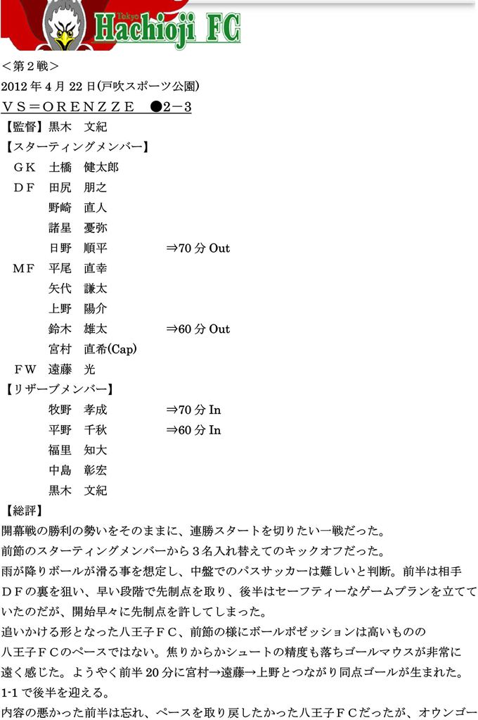 【八王子ＦＣ】2012リーグ第2戦ｖｓＯＲＥＮＺＺＥ