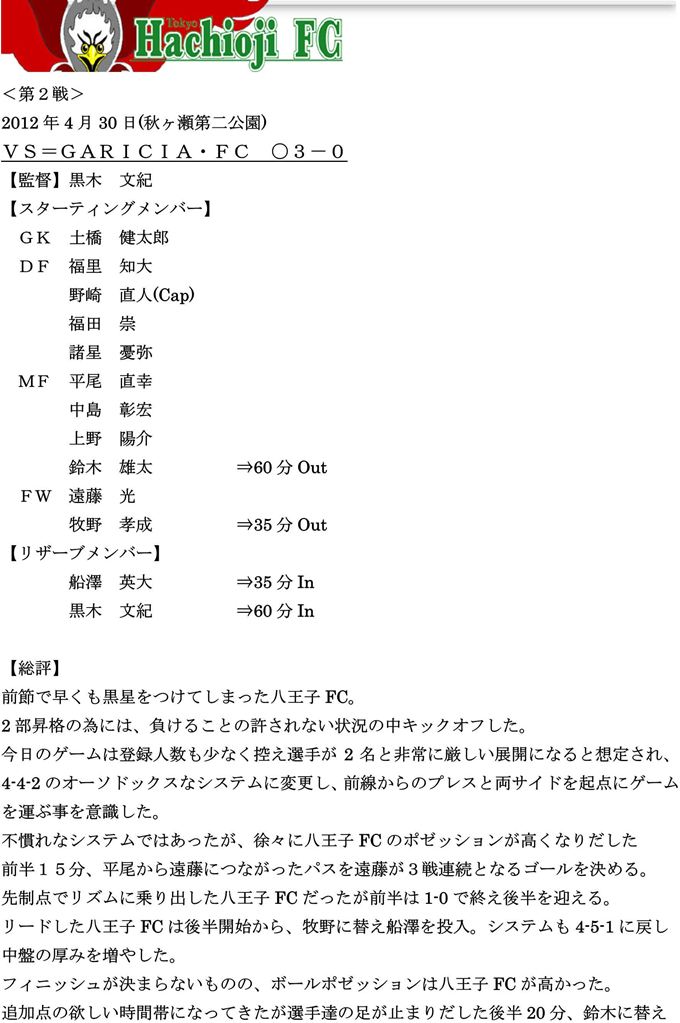 【八王子ＦＣ】2012リーグ第3戦ｖｓGARICIAFC