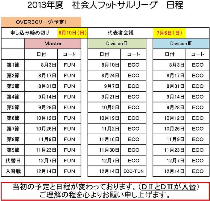 社会人フットサルOVER30リーグ日程(変更点あり)