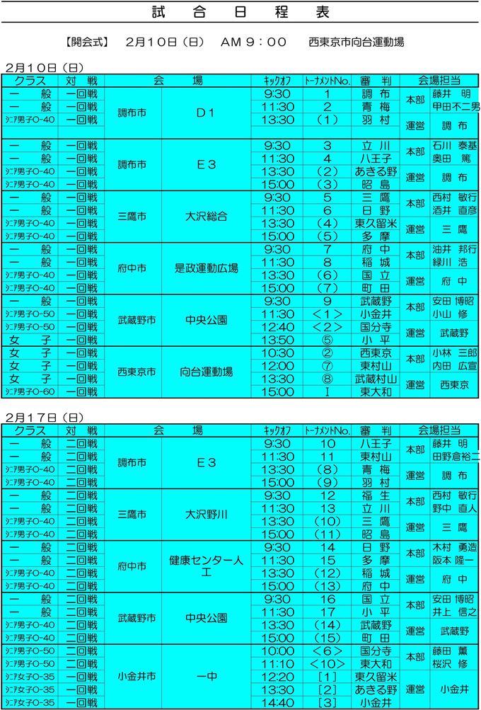 第４０回三多摩クラブサッカー選手権大会　試合日程表